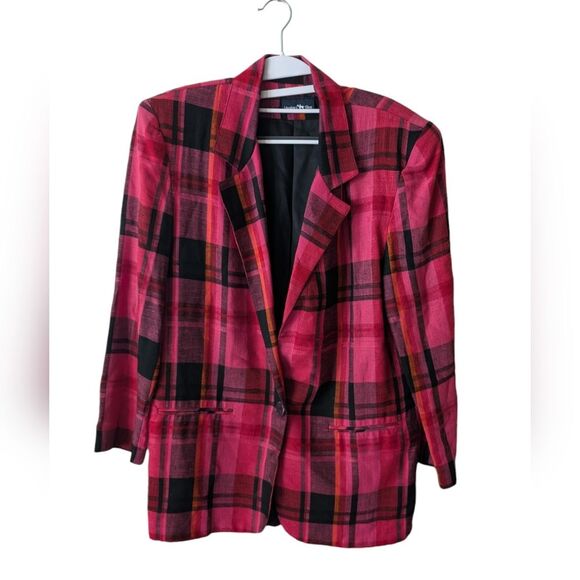 Hunters Run Vintage Pink Plaid Linen Viscose Blend Blazer Size Small - Picture 2 of 9